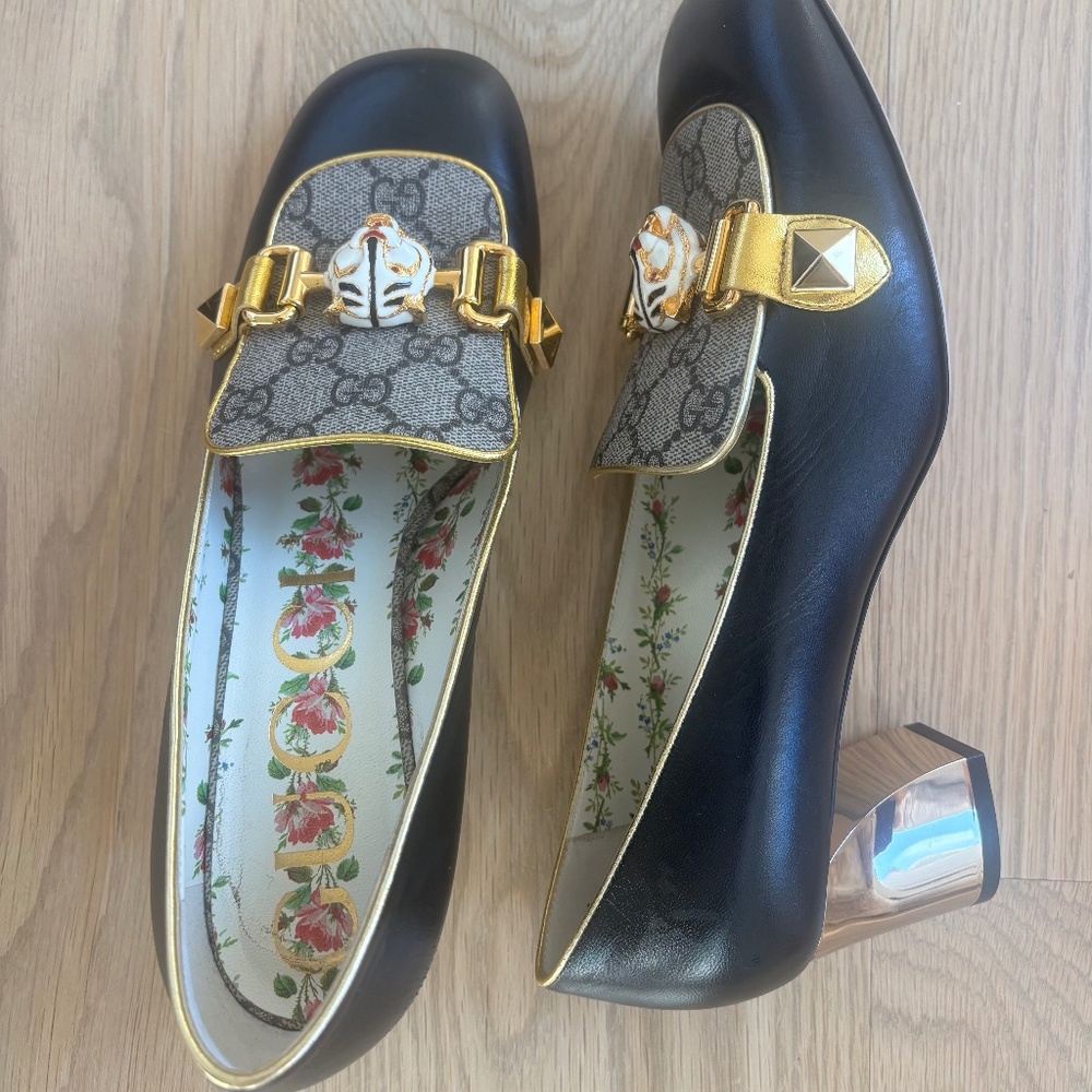 Gucci Women's Tiger Head Heeled Loafers Leather and GG Coated Canvas
